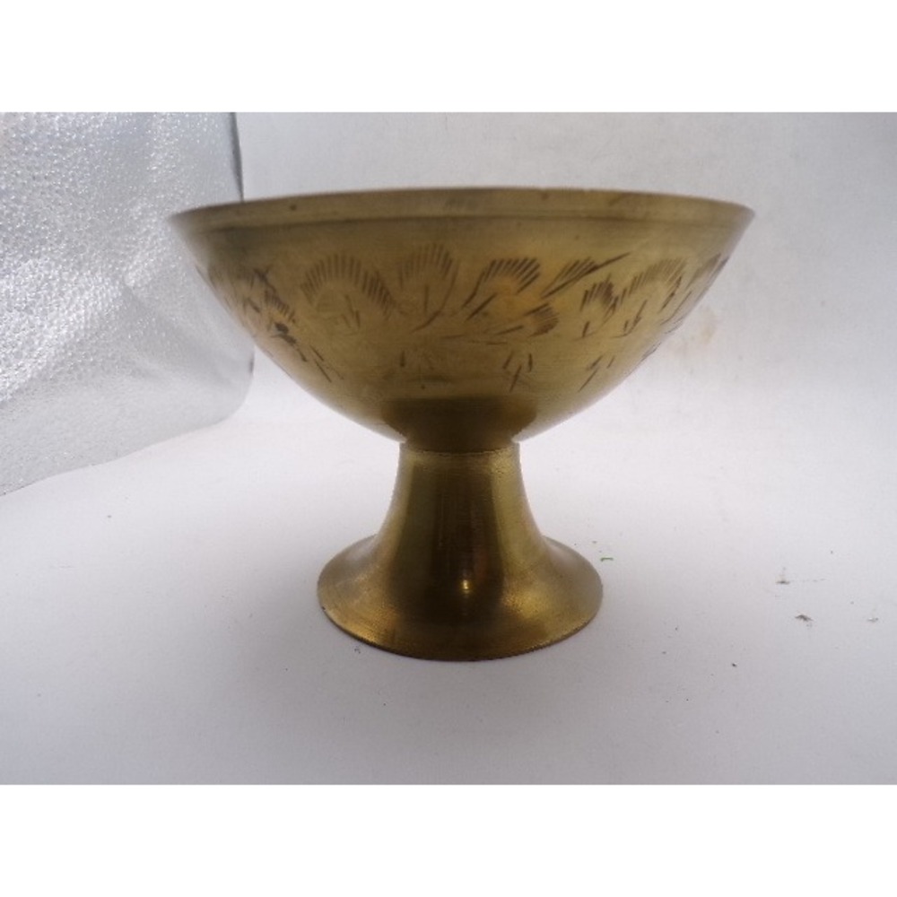 Vintage Etched Brass Pedestal Bowl Hand Crafted Made in India Gold Tone 4.75in